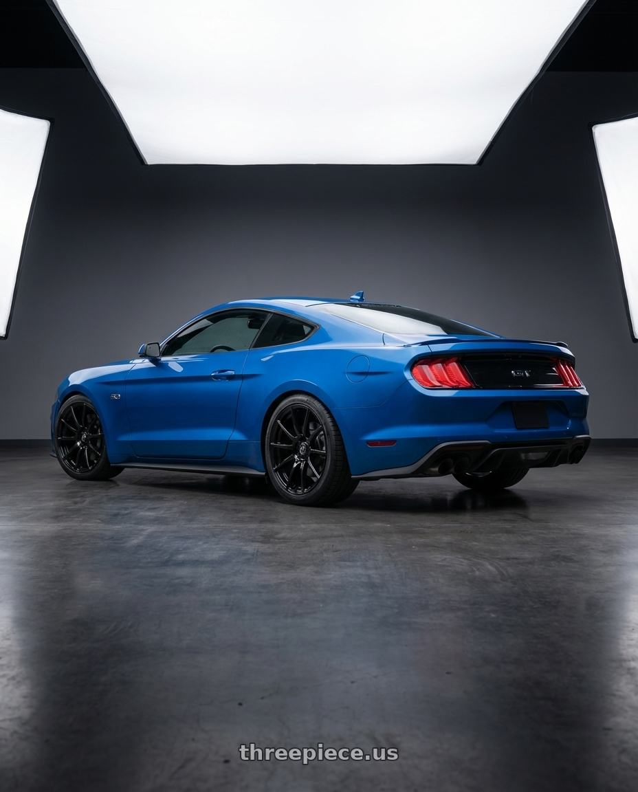 2022 Ford Mustang GT with Forgestar CF10 5x114.3 19x9 +35 Gloss Black wheels rear three quarter view square tires