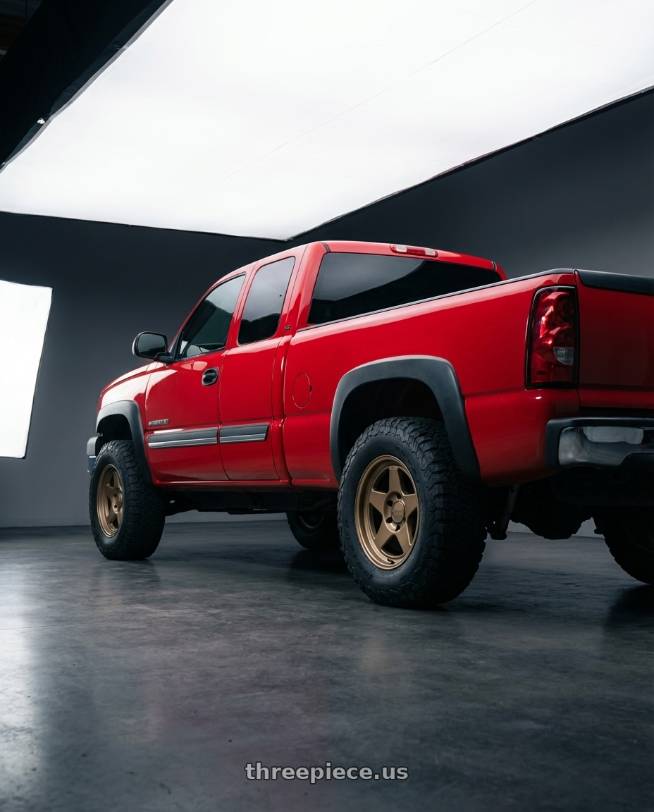 2005 Chevy Silverado with Kansei K12B KNP Off Road 5x127 17x8.5 0 Bronze wheels rear three quarter view meaty tires