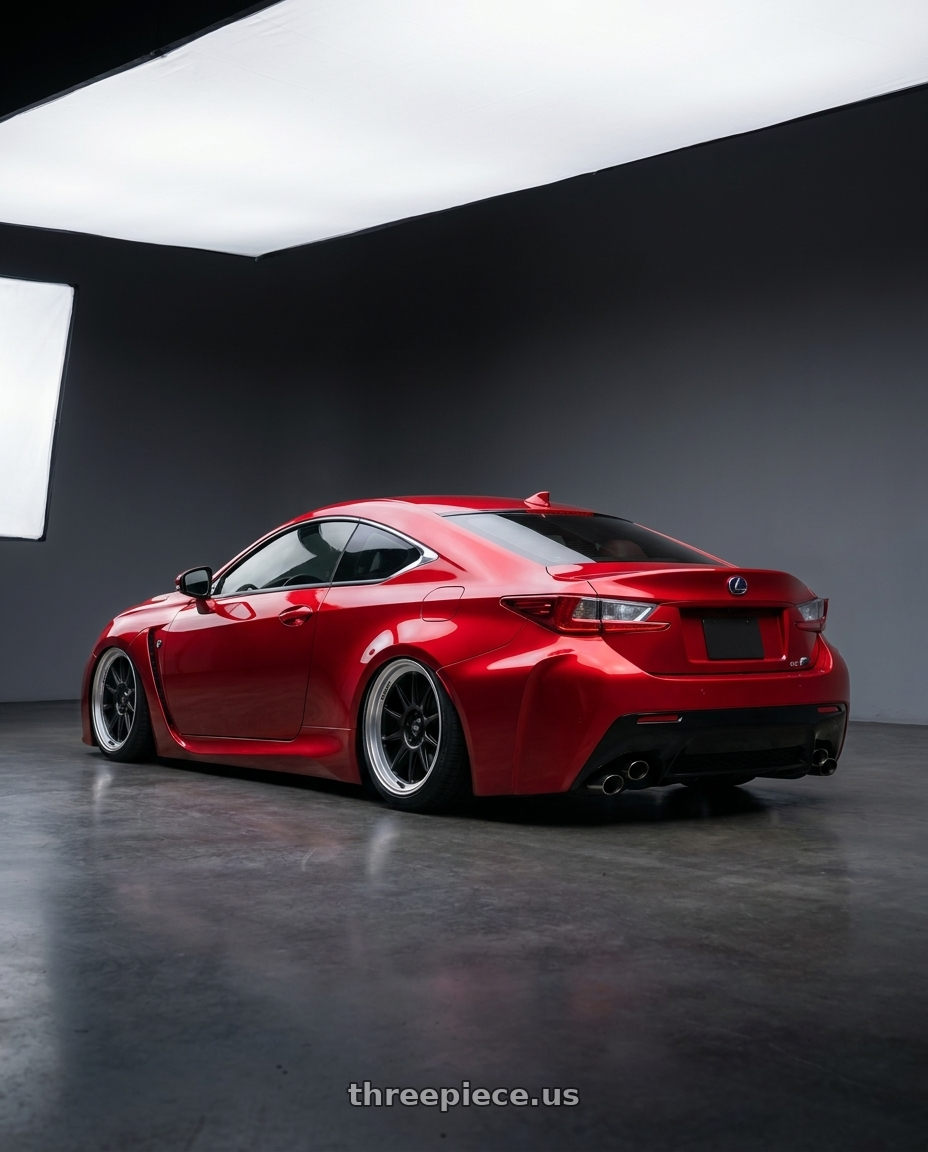 2018 Lexus RC F with Konig Countergram 5x114.3 19x10+25 Matte Black / Matte Machined Lip wheels rear three quarter view slight stretch tires