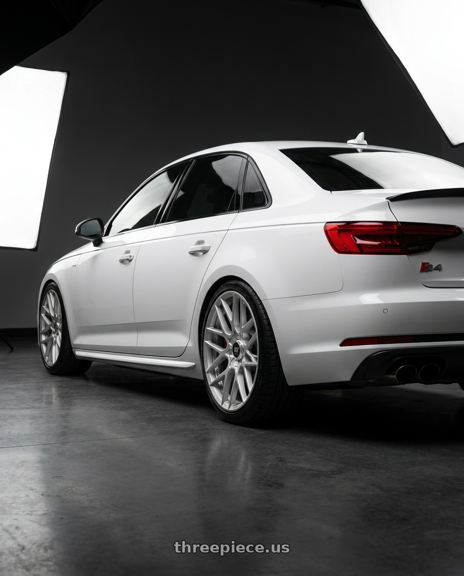 2019 audi s4 with Rotiform 1PC R140 RSE BLANK 17X8 +30 GLOSS SILVER wheels rear three quarter view square tires