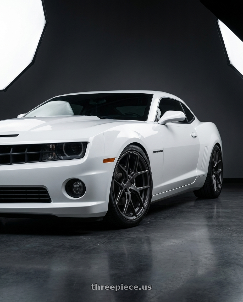 2014 Chevrolet Camaro 5th Gen with Vossen HF-5 20x9 / 5x120 / ET35 / Flat Face / 72.56 - Matte Gunmetal Wheel - HF5-0B02 wheels front three quarter view lowered stance