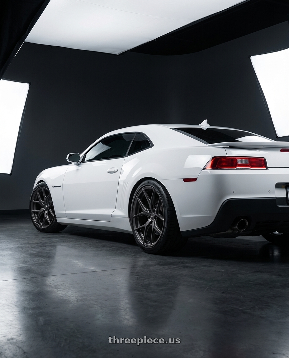 2014 Chevrolet Camaro 5th Gen with Vossen HF-5 20x9 / 5x120 / ET35 / Flat Face / 72.56 - Matte Gunmetal Wheel - HF5-0B02 wheels rear three quarter view square tires