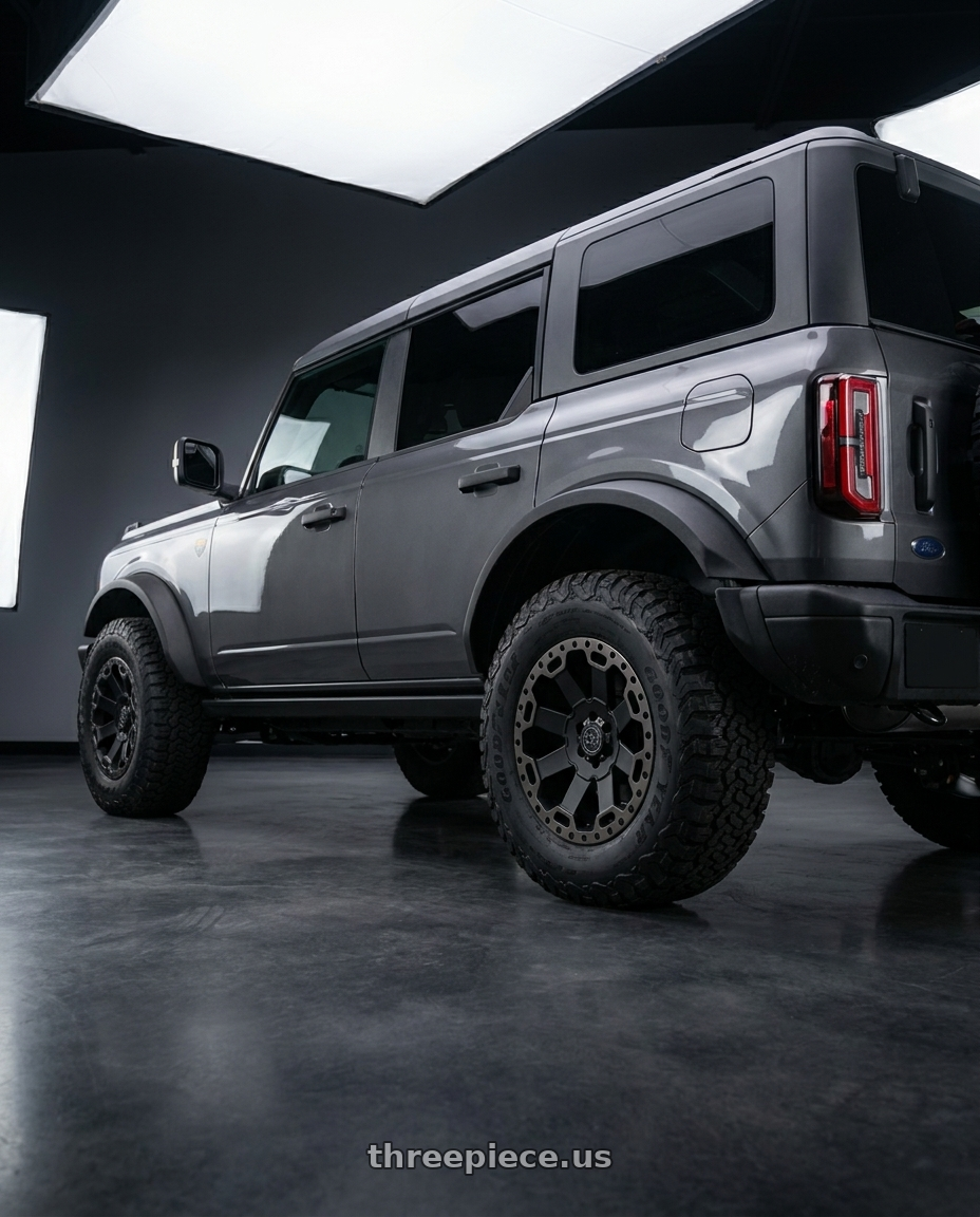 2023 Ford Bronco Badlands with Black Rhino WARLORD 6X139.7 17X9 +12 MATTE BLACK W/ MACHINED DARK TINT wheels rear three quarter view square tires