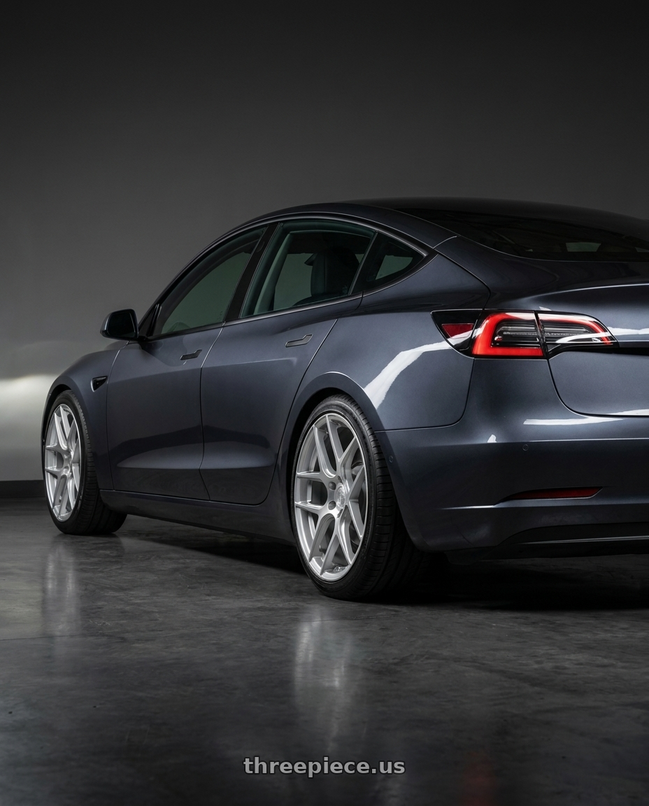 2023 tesla model 3 with Aodhan AFF2 5x114.3 19x8.5+35 Gloss Silver Machined Face wheels rear three quarter view square tires