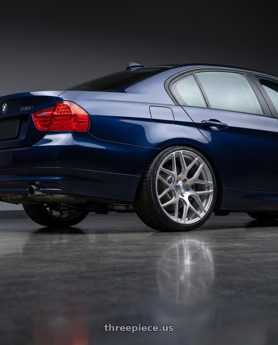 2008 bmw 335i base Monaco with MRR GF9 5x120 19x8.5  +35 Silver Machine Face wheels rear three quarter view square tires