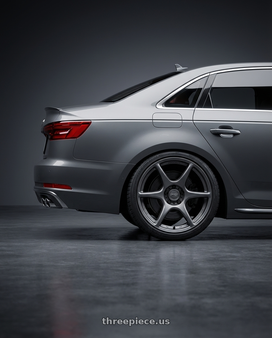 2023 Audi S4 B9 with Kansei K11G Tandem 5X112 19x9.5 22 Gunmetal wheels rear three quarter view square tires
