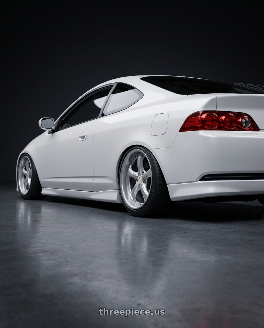 2006 Acura RSX with Work Wheels VS-KF 5x114.3 18x8.5+40 Light Grey Silver O Disk FULL REVERSE wheels rear three quarter view slight stretch tires