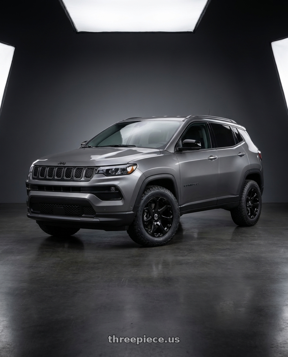 2025 Jeep Compass with Heritage Wheel KOKORO 5x110 17x8 +25 Gblk wheels front three quarter view stock stance