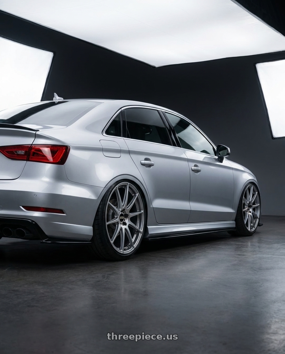 2015 Audi A3 Quattro with BBS FS 5x112 19x8.5+42 Diamond Silver wheels rear three quarter view extreme stretch tires