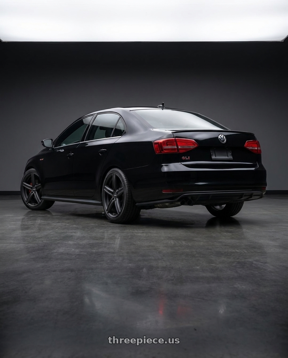 2017 VW Jetta with Vision Street-Designs 469 Boost 5x120 20x8.5+35 Satin Black wheels rear three quarter view square tires