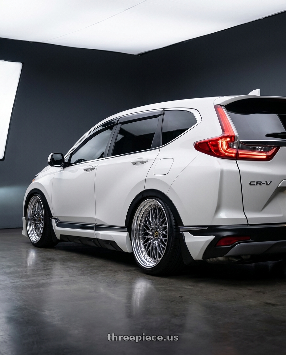 2019 Honda CRV with Work Vs-Xv 5x100 18x10.5-25 R Disk Brilliant Silver Black wheels rear three quarter view slight stretch tires