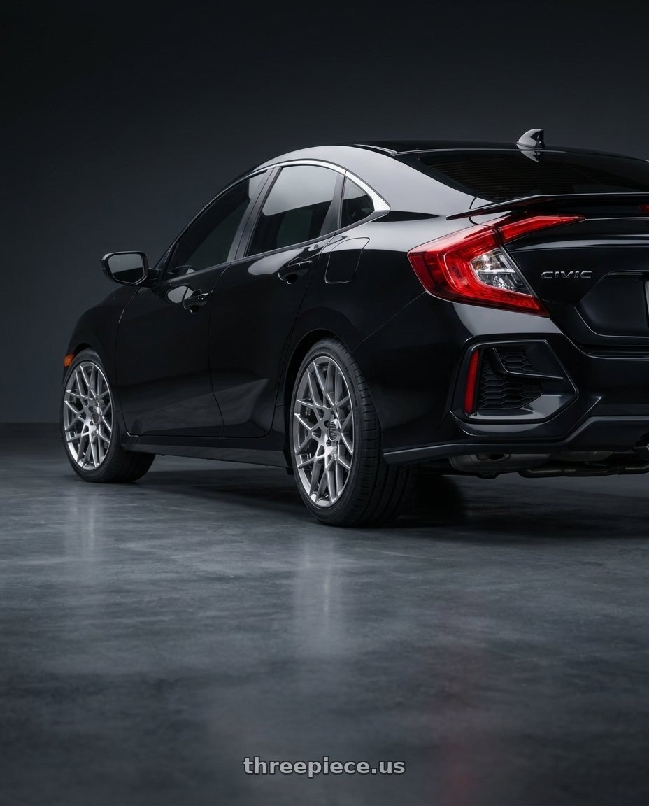 2020 honda civic si with Performance Replicas PR178 5X114.3 19X10 +48 HYPER SILVER wheels rear three quarter view square tires
