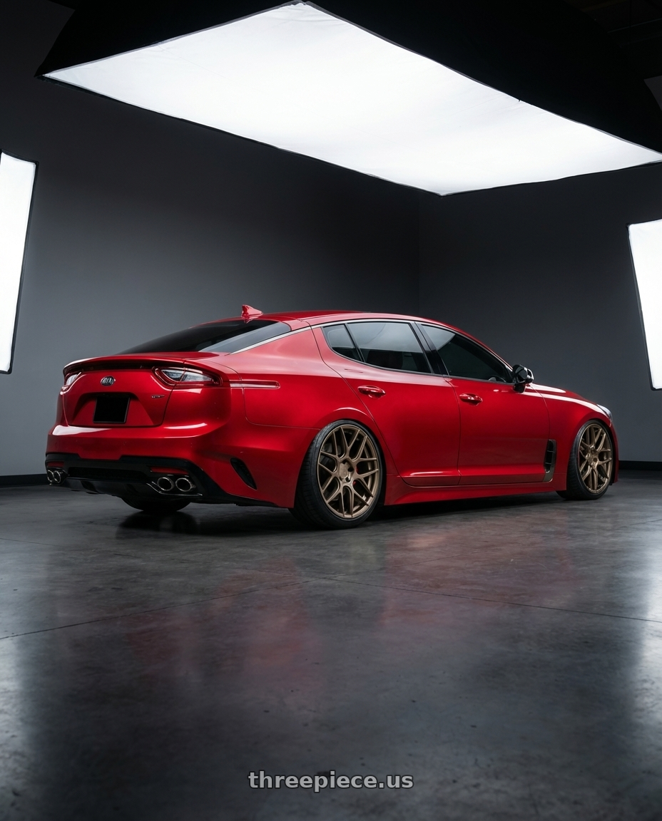 2022 Kia Stinger GT with Aodhan AFF2 5x114.3 19x9.5+35 Matte Bronze wheels rear three quarter view slight stretch tires