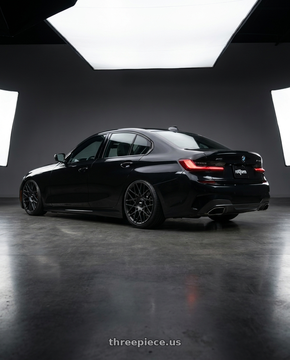 2021 BMW M340i with Rotiform 1PC R165 BLQ-C 5X112 19X8.5 +45 MATTE BLACK wheels rear three quarter view extreme stretch tires