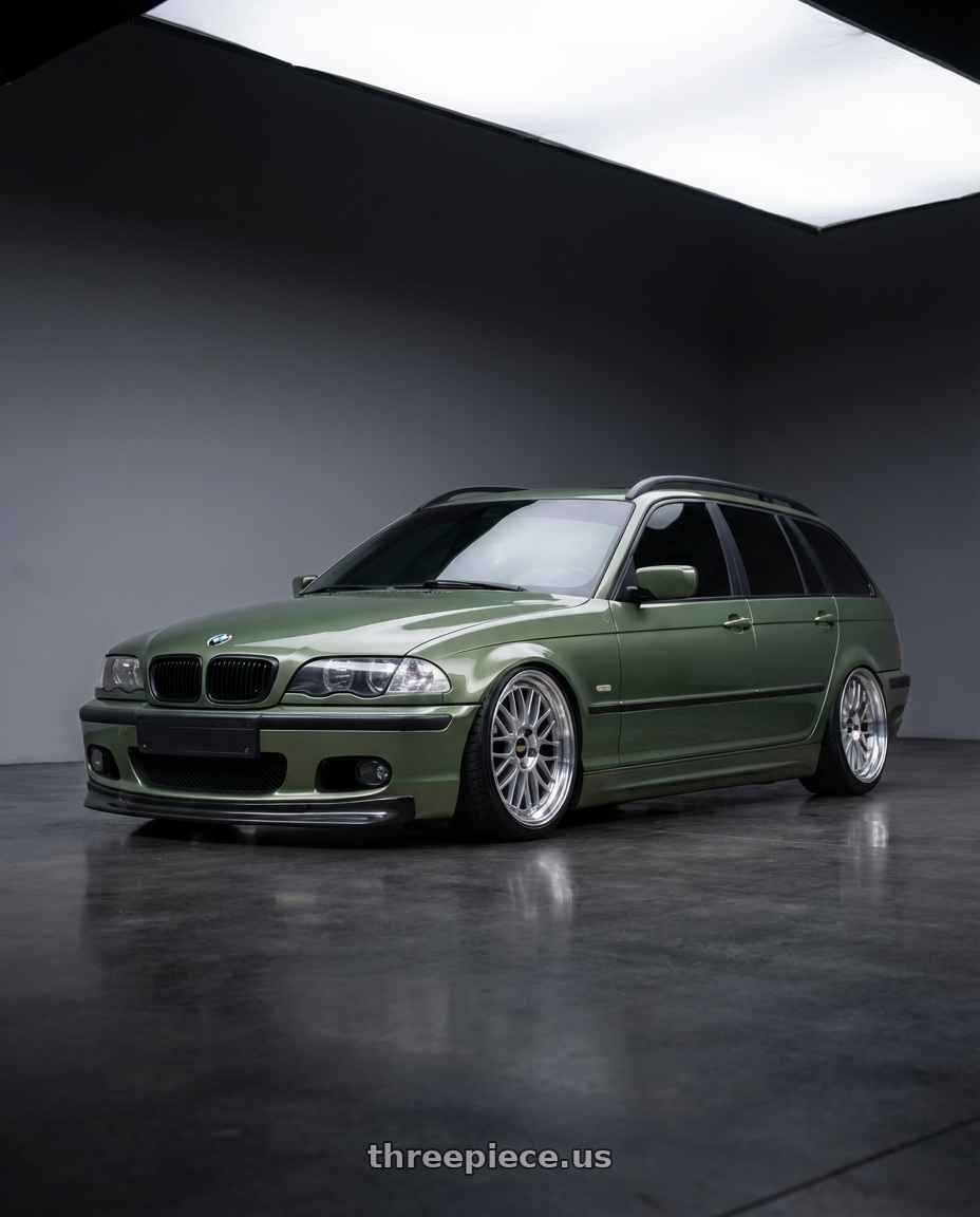 2001 bmw 325it with BBS LM 5x114.3 18x9.0+25 Diamond Silver wheels front three quarter view stanced stance