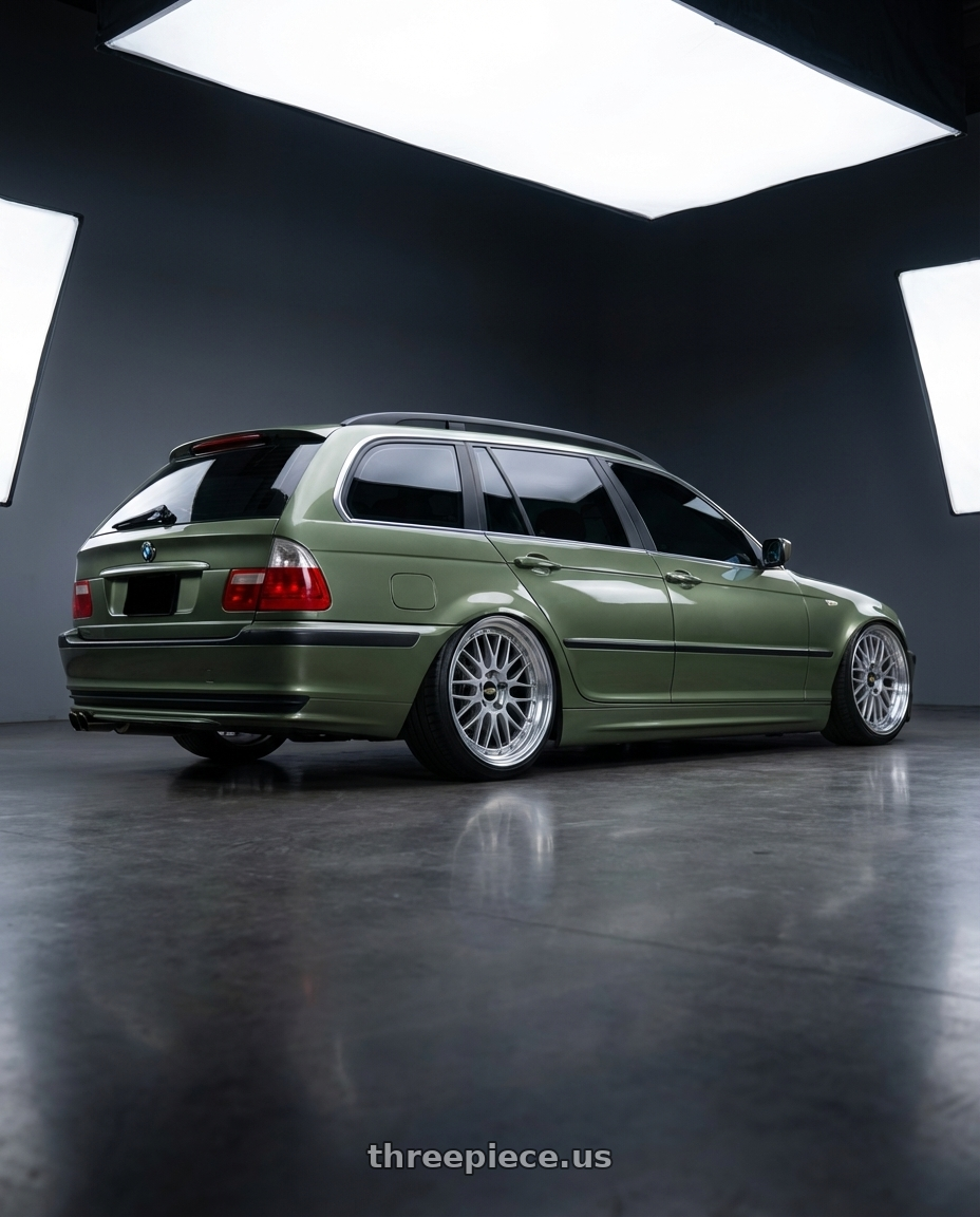 2001 bmw 325it with BBS LM 5x114.3 18x9.0+25 Diamond Silver wheels rear three quarter view slight stretch tires