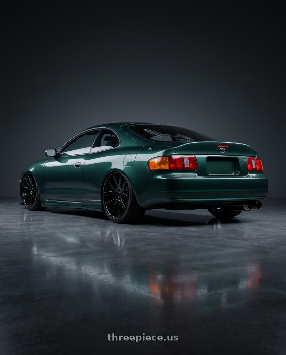 1997 Celica gt with Strada OE Replica Srt10 5x139.7 24x10 +25 Gloss Black wheels rear three quarter view slight stretch tires