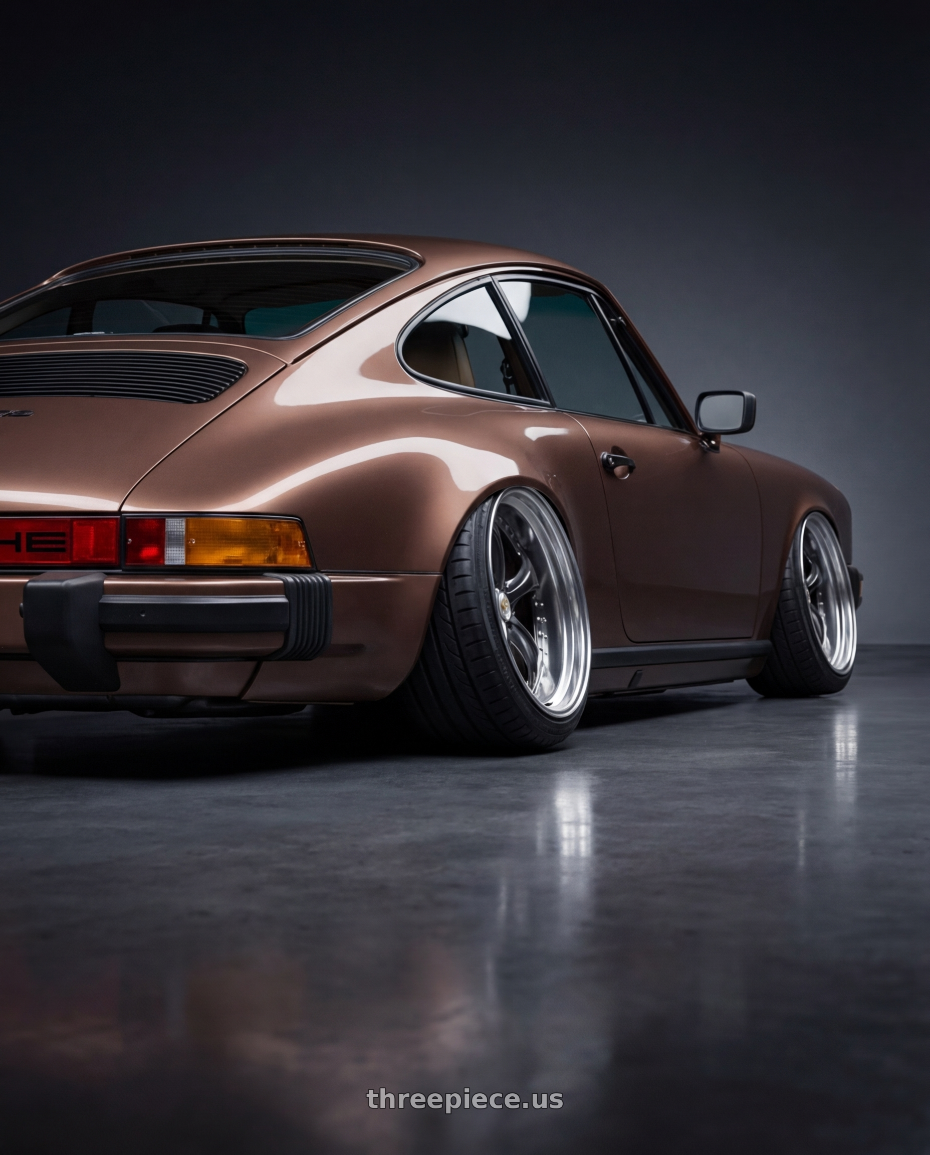 1980 Porsche 911 with Work Wheels VS-KF 5X114.3 19x8+2 Brilliant Silver Black A Disk FULL REVERSE wheels rear three quarter view extreme stretch tires