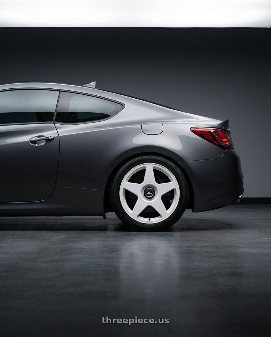 2014 Hyundai Genesis Coupe with fifteen52 TARMAC EVO 5x114.3 / 5x120 19x8.5 +35 RALLY WHITE (GLOSS WHITE) wheels rear three quarter view square tires