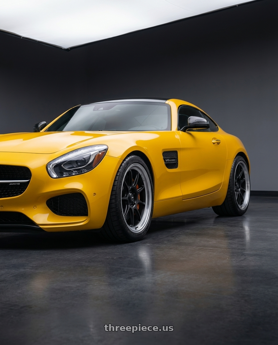 2019 Mercedes-Benz AMG GT with Konig Countergram 5x112 19x9.5+30 Matte Black / Matte Machined Lip wheels front three quarter view lowered stance