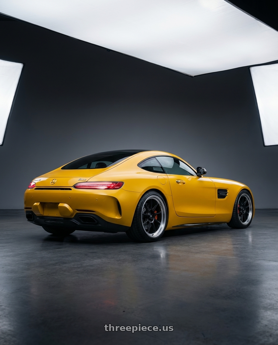 2019 Mercedes-Benz AMG GT with Konig Countergram 5x112 19x9.5+30 Matte Black / Matte Machined Lip wheels rear three quarter view square tires