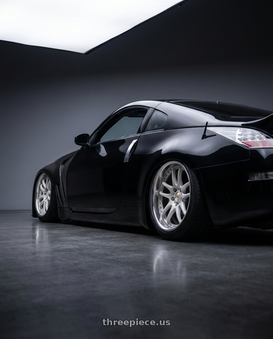 2004 Nissan 350z with Work Wheels VS-KF 5x114.3 18x9.5+27 Light Grey Silver O Disk FULL REVERSE wheels rear three quarter view slight stretch tires