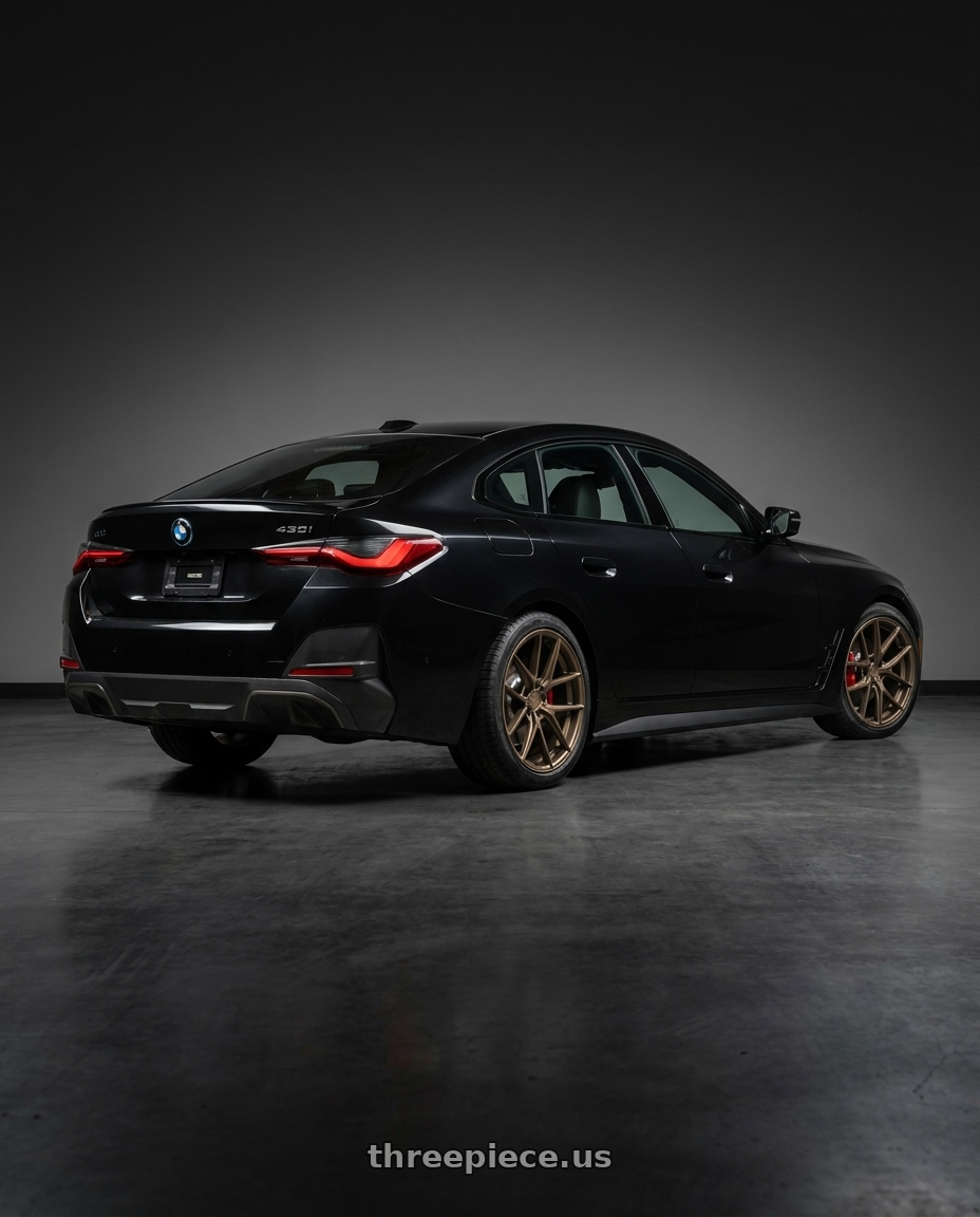 2026 Bmw 430i gran coupe with Aodhan AFF3 5x112 19x8.5 +35 Matte Bronze wheels rear three quarter view square tires