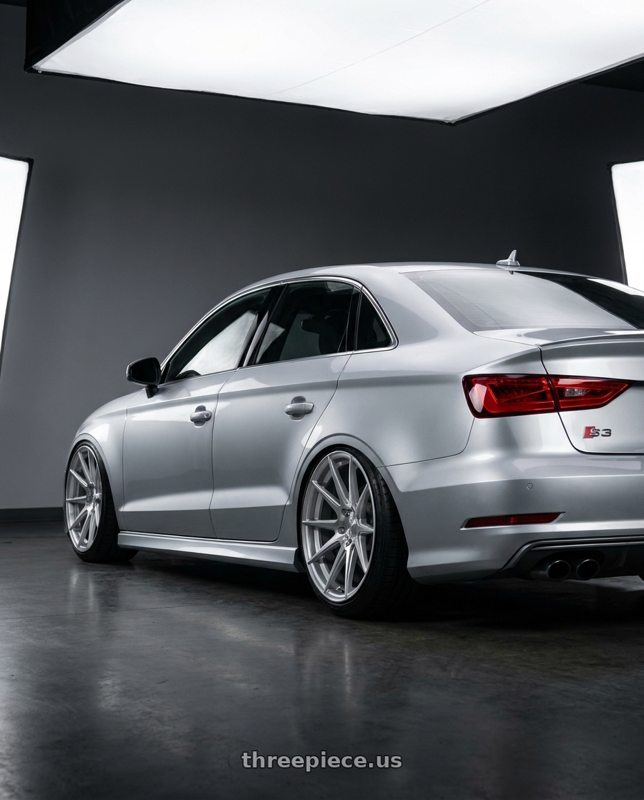 2016 Audi S3 with Rohana RC7 5x112 20x10+45 Machine Silver wheels rear three quarter view extreme stretch tires