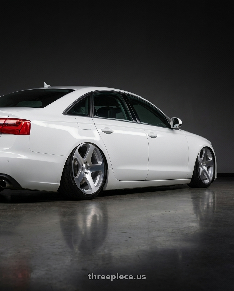 2013 Audi a6 20 tfsi with Rotiform RC200 NUE 5X120 20x8.5 +35 GLOSS SILVER W/ MACHINED FACE wheels rear three quarter view slight stretch tires