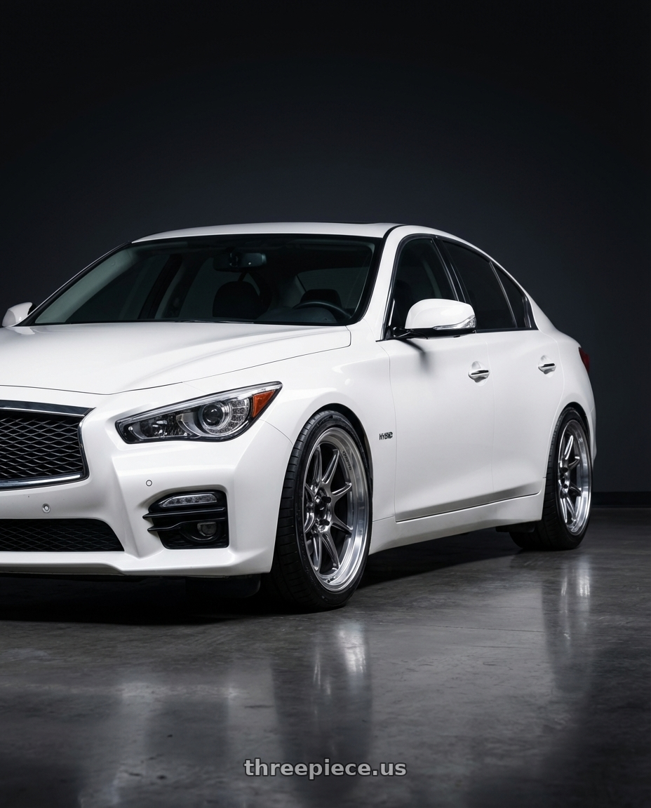 2020 Infiniti Q50 with Konig Countergram 5x114.3 19x11+18 Hyper Chrome / Machined Lip wheels front three quarter view lowered stance