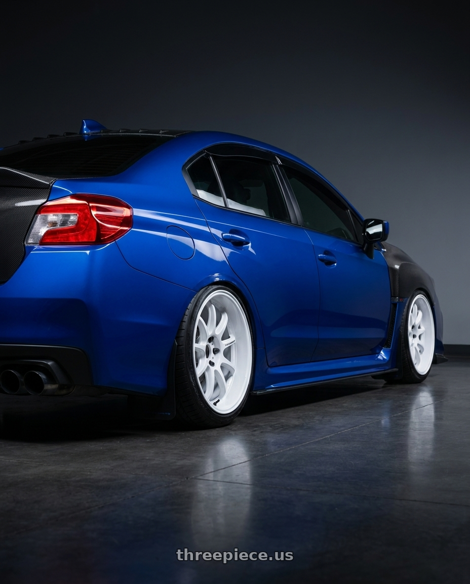 2020 Subaru wrx with Work Emotion D9r 5x114.3 18x9.5 +38 White wheels rear three quarter view slight stretch tires