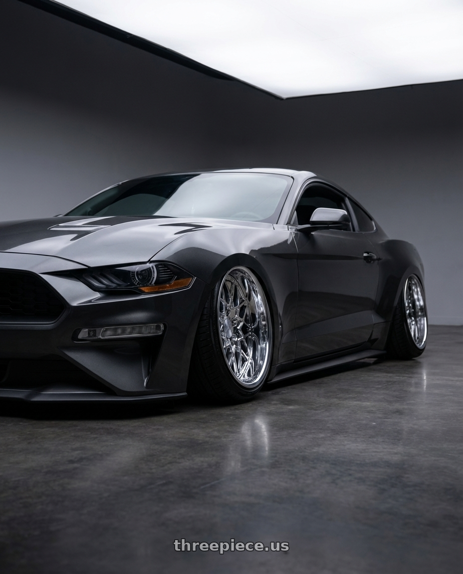 2020 Mustang ecoboost with Heritage Wheel BELFORT wheels front three quarter view slammed stance