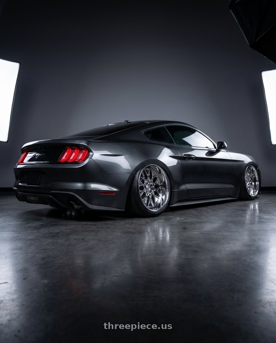 2020 Mustang ecoboost with Heritage Wheel BELFORT wheels rear three quarter view extreme stretch tires