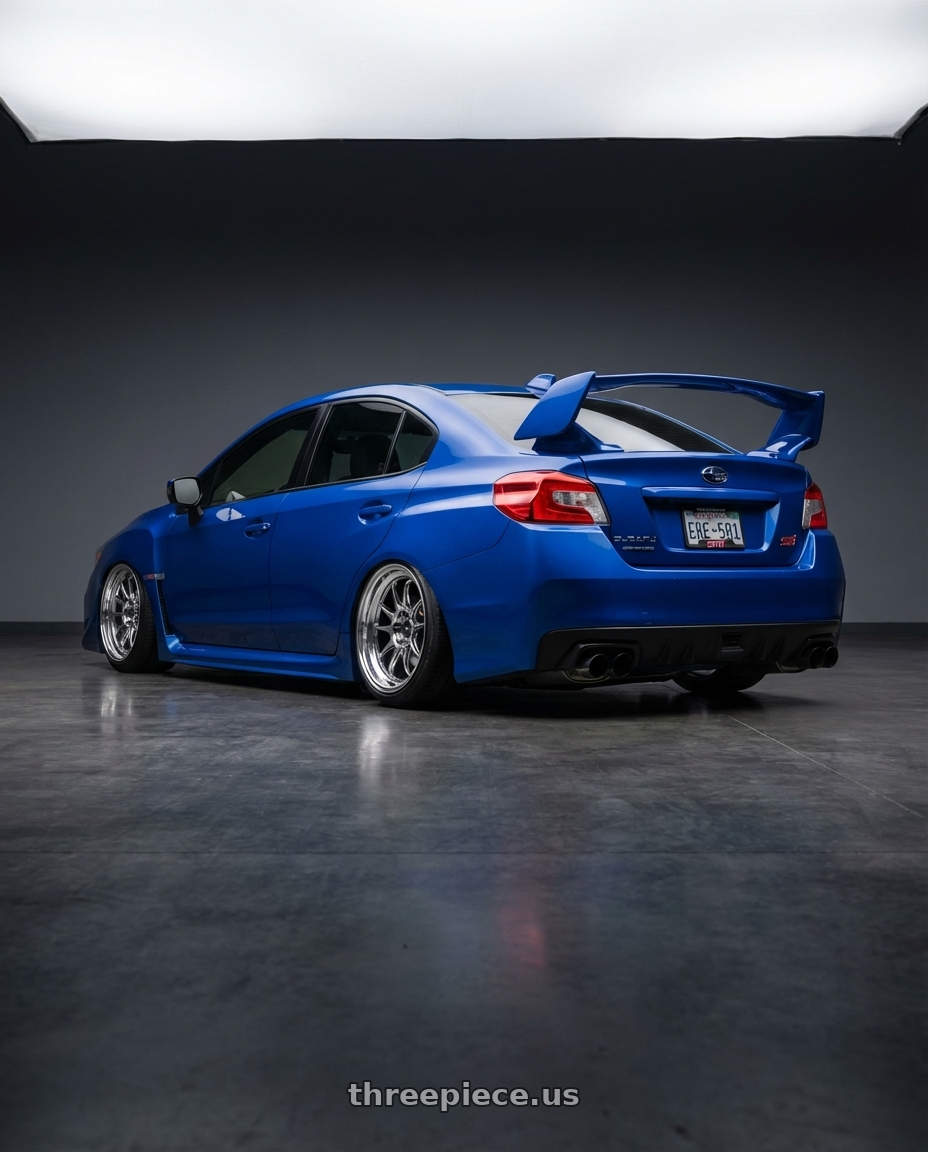 2018 Subaru WRX STI with Konig Countergram 5x114.3 18x10.5+20 Hyper Chrome / Machined Lip wheels rear three quarter view slight stretch tires