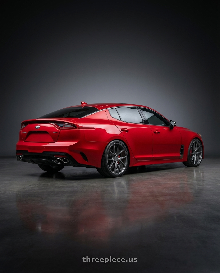 2022 Kia Stinger GT with Niche 1PC M116 MISANO 5X114.3 19X8.5 +33 MATTE GUN METAL wheels rear three quarter view square tires