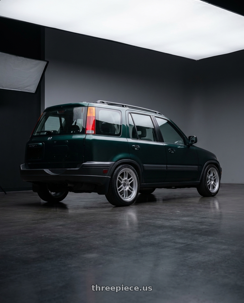 1997 Honda CRV with Enkei RPF1 5x114.3 17x8+45 Silver wheels rear three quarter view slight stretch tires
