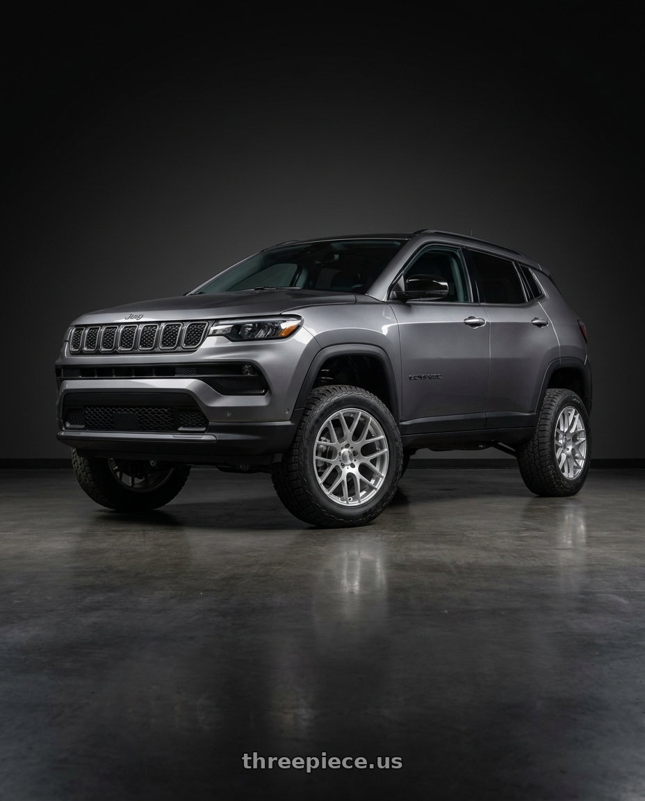 2025 Jeep Compass with MRR UO2 5x110 18x8.5  +35 Hyper Silver wheels front three quarter view lifted stance