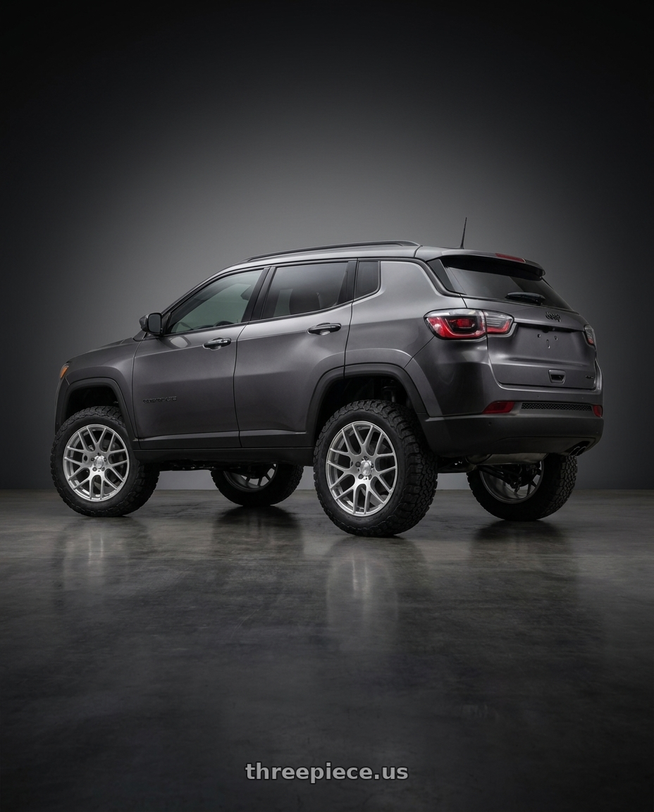 2025 Jeep Compass with MRR UO2 5x110 18x8.5  +35 Hyper Silver wheels rear three quarter view meaty tires