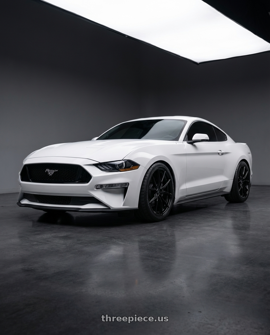2018 Ford Mustang Ecoboost with Advanti Racing 80B Hybris 5X120 19x9.5 +35 Gloss Black wheels front three quarter view lowered stance