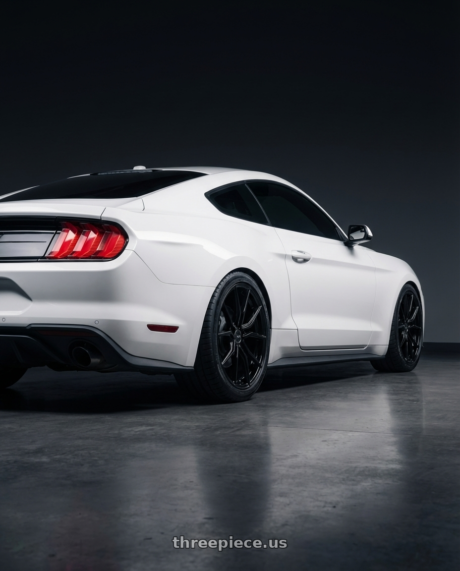 2018 Ford Mustang Ecoboost with Advanti Racing 80B Hybris 5X120 19x9.5 +35 Gloss Black wheels rear three quarter view square tires