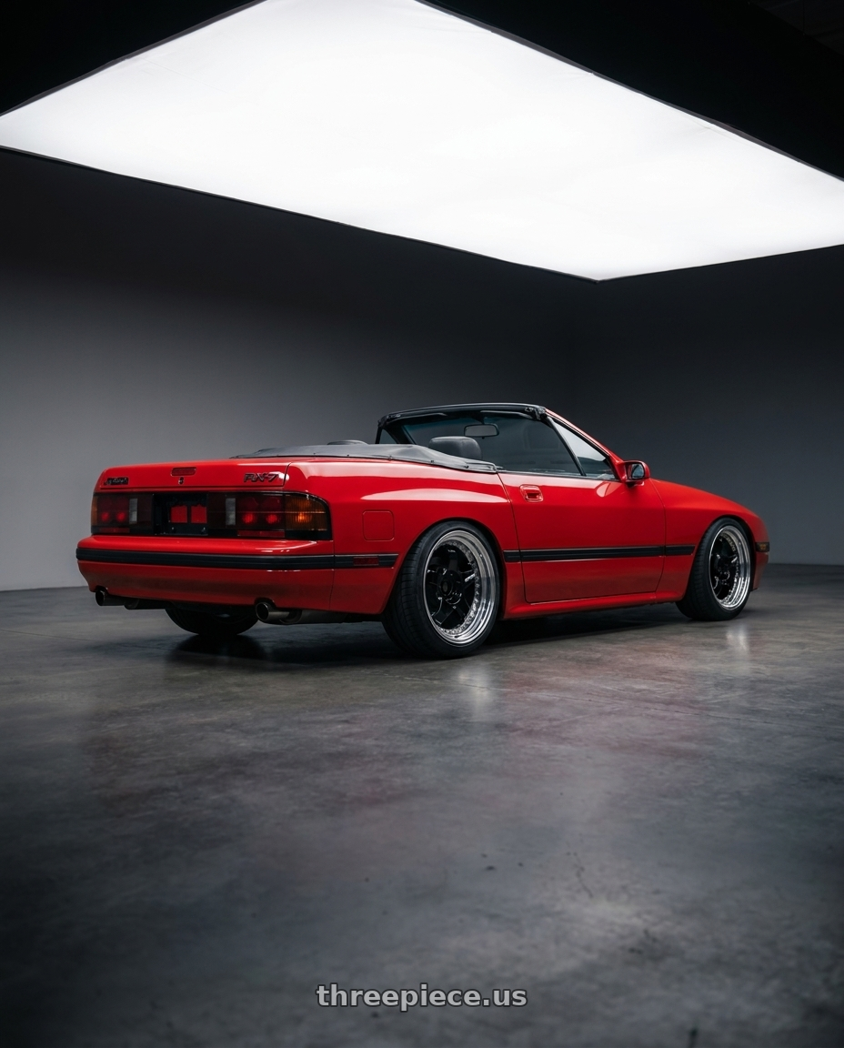 1988 RX-7 FC with Work Meister S1 3P 5x114.3 17x7.5+42 W Disk Black wheels rear three quarter view square tires