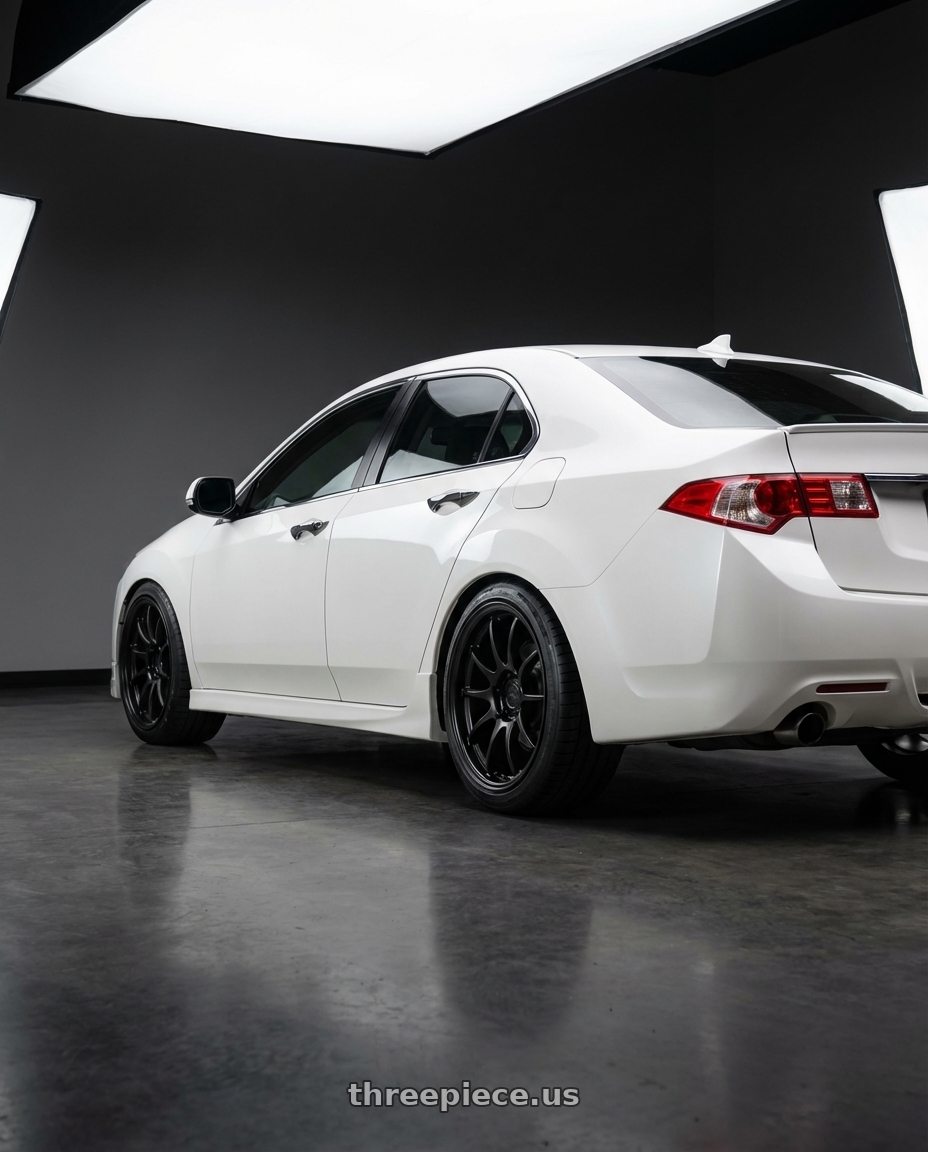 2013 Acura TSX with Aodhan AH09 5x114.3 18x9.5 +35 Gloss Silver Machined Face wheels rear three quarter view square tires