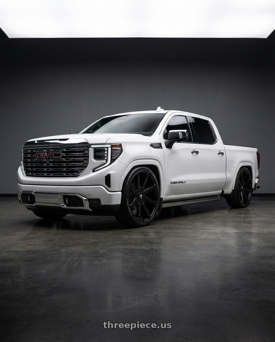 2023 GMC Sierra 1500 Denali with DUB 1PC S110 PUSH 6X135/6X139.7 24X9.5 +30 GLOSS BLACK wheels front three quarter view slammed stance