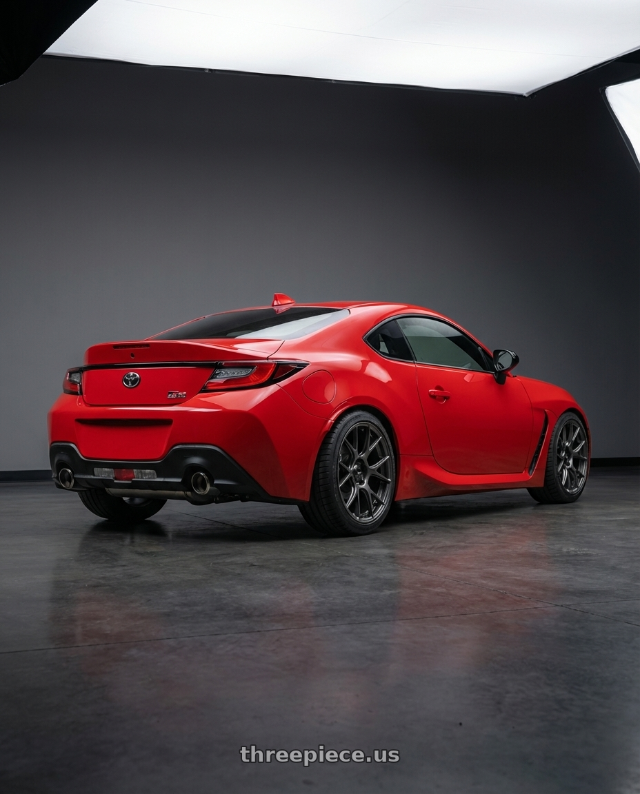 2024 Toyota GR86 with Konig Ampliform 5x114.3 18x9.5+35 Dark Metallic Graphite wheels rear three quarter view square tires