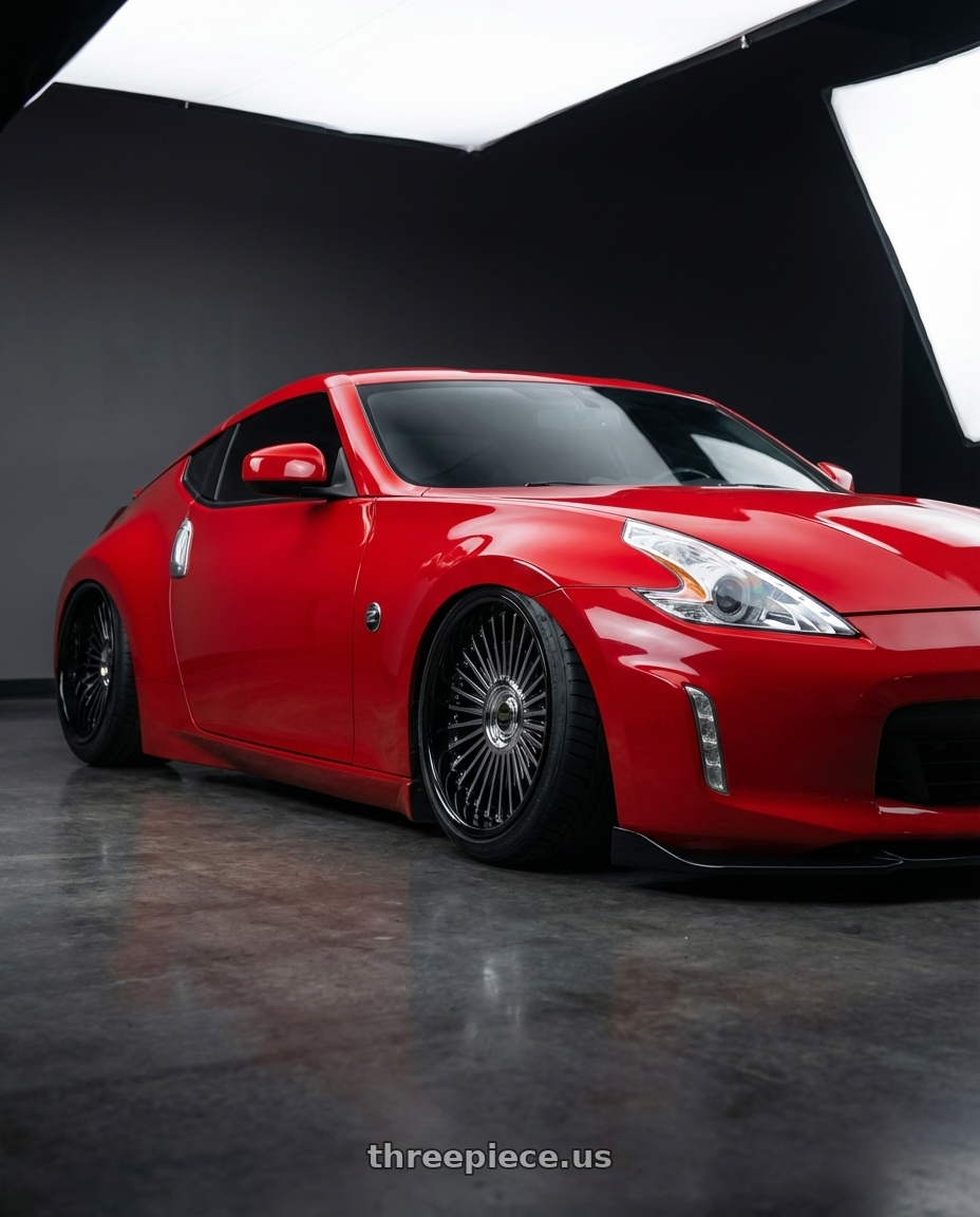 2009 Nissan 370z with Work Emitz Black Polish 5x100 19x8.0 +12 wheels front three quarter view stanced stance