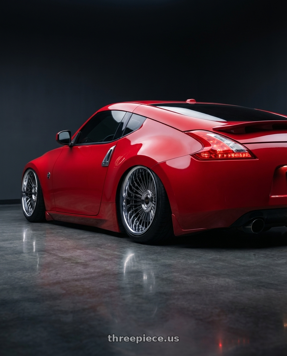 2009 Nissan 370z with Work Emitz Black Polish 5x100 19x8.0 +12 wheels rear three quarter view meaty tires
