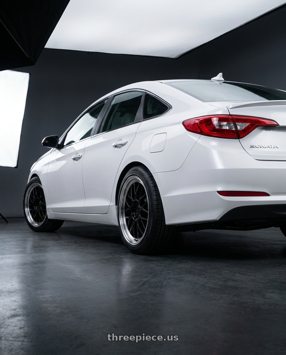 Hyundai Sonata Se 2017 with KATANA RACING KR06 5x114.3 18x8 +40 Glossy Black Machined Lip wheels rear three quarter view square tires
