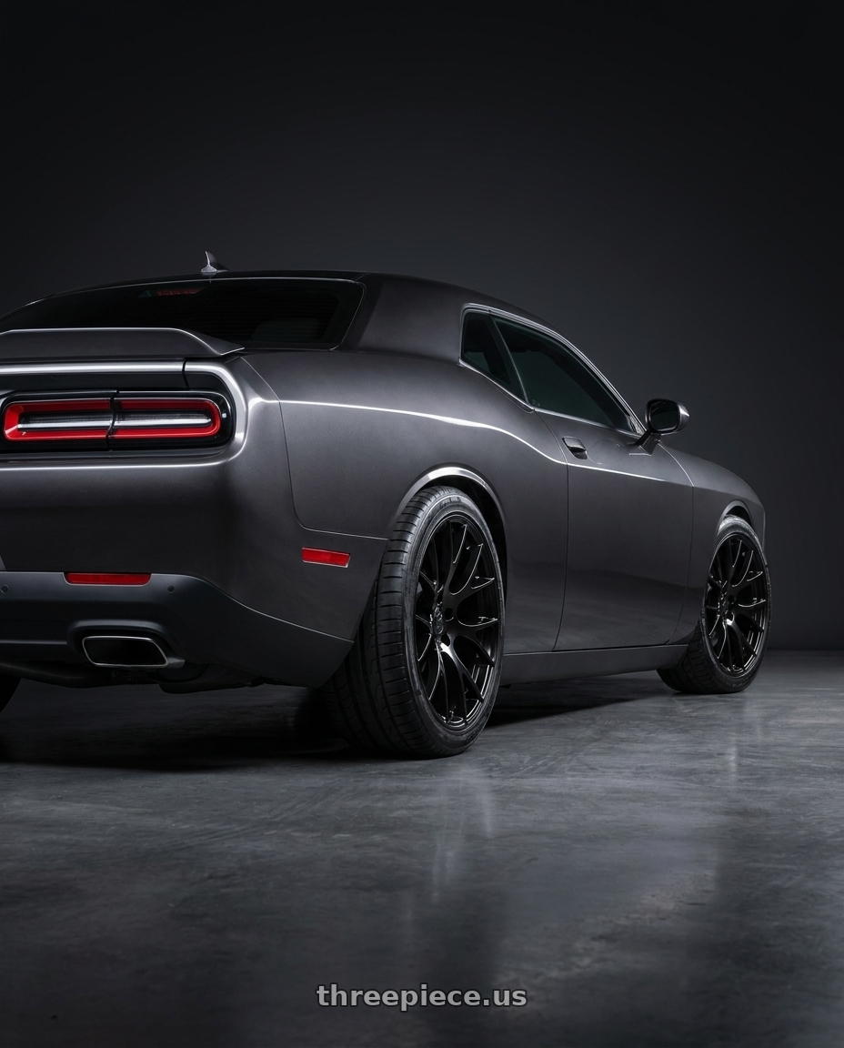 2021 Dodge Challenger SXT with OE Wheels DG15 5x115 20x9+18 Satin Black wheels rear three quarter view square tires
