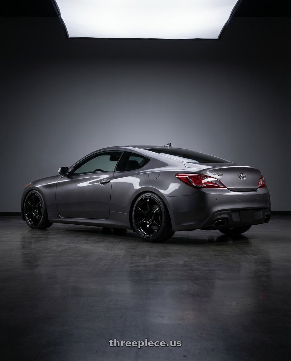2014 Hyundai Genesis Coupe with Advan RGIII 5x114.3 19x10.5+15 Gloss Black wheels rear three quarter view square tires