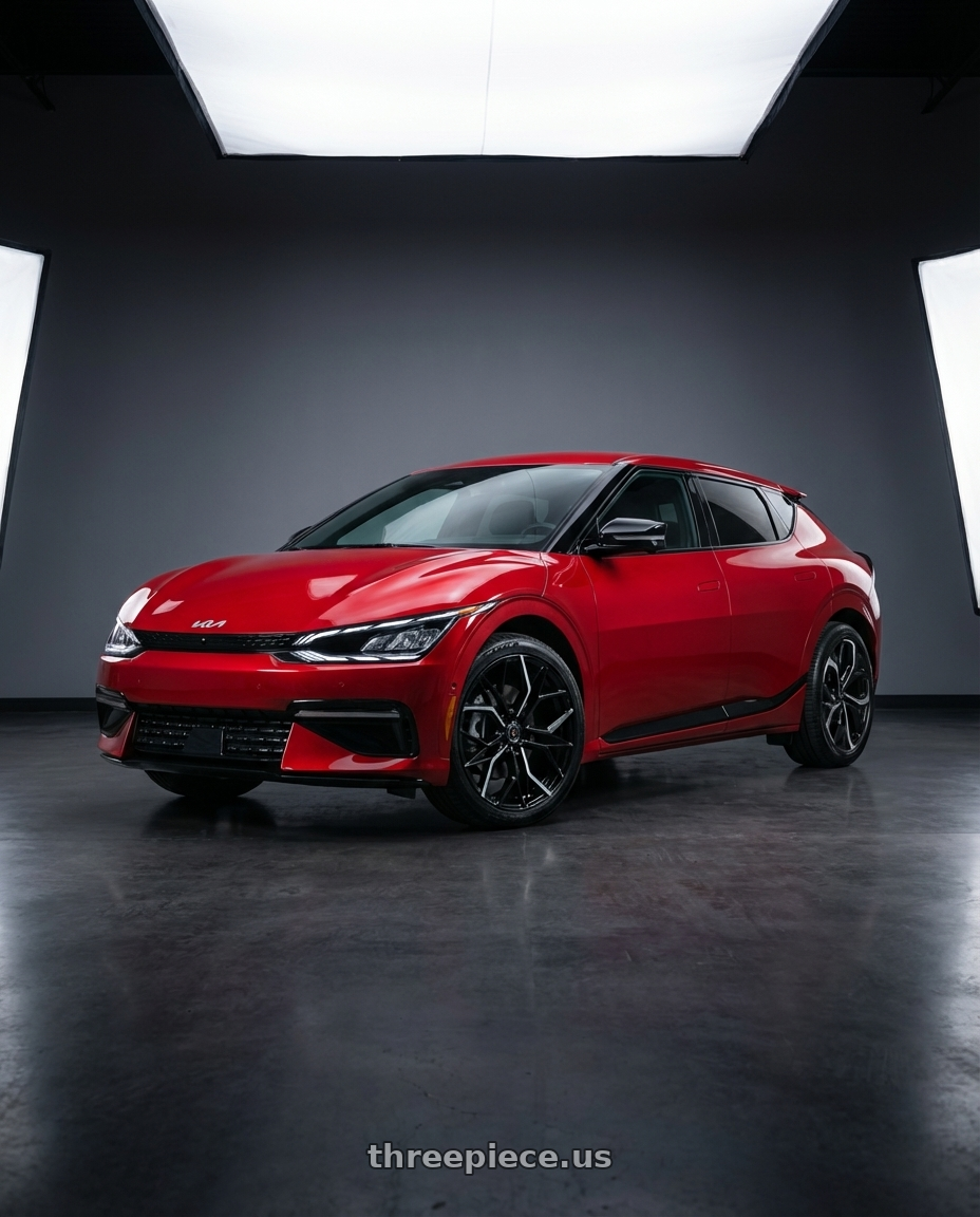 2024 kia ev6 with MARQUEE WHEELS M1004 5x114.3 20x9+33 GLOSS BLACK MACHINE wheels front three quarter view stock stance